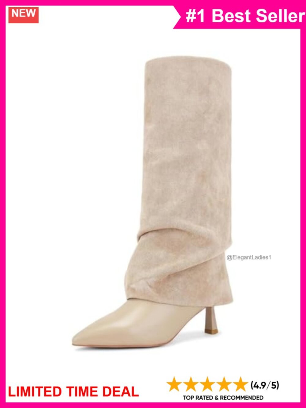 Suede Fold Over Knee High Boots Pointed Toe Stiletto Heel Pull On Women